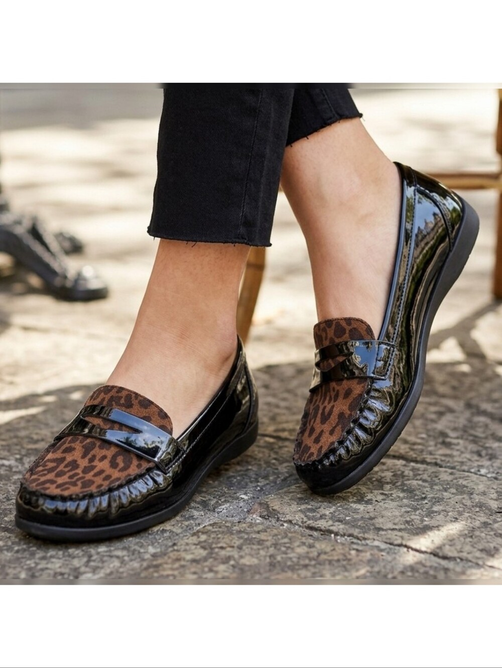 Yuu Baylor Patent Leather Penny Loafers In Leopard Print Vamp Black Size 8.5W